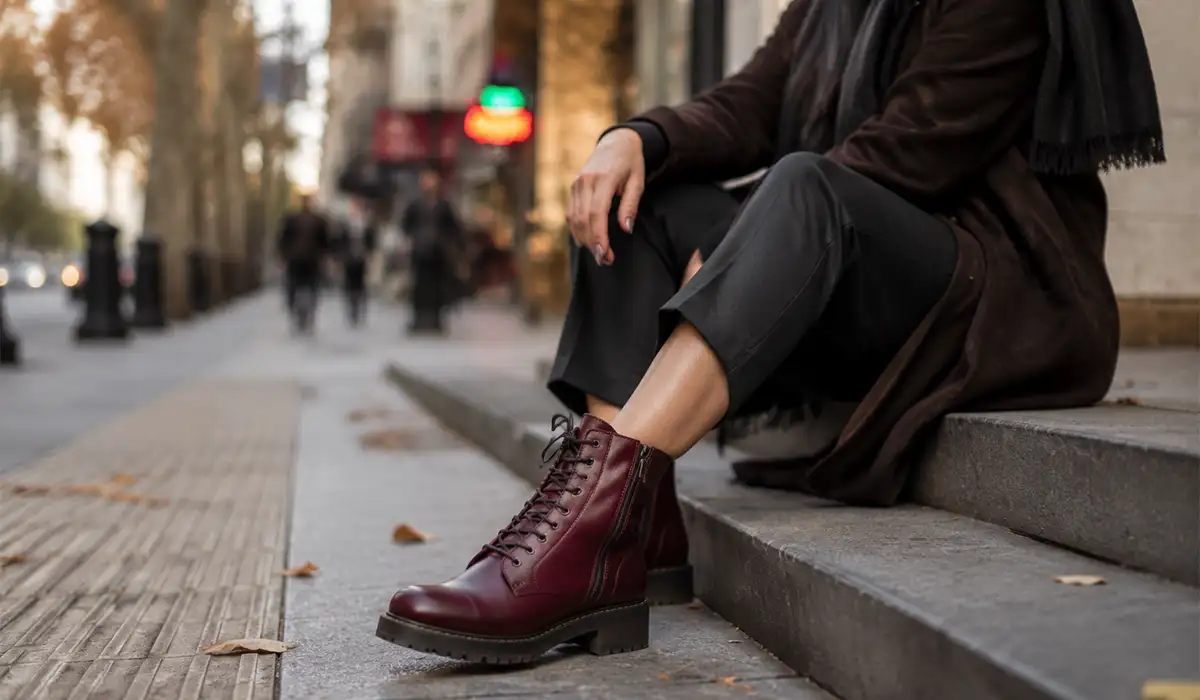 بوت زنانه مدل بندی چرم طبیعی زرشکی